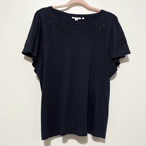 Chicos Womens Flutter Sleeve Eyelet Blouse Size L Navy Blue Dark Cottagecore